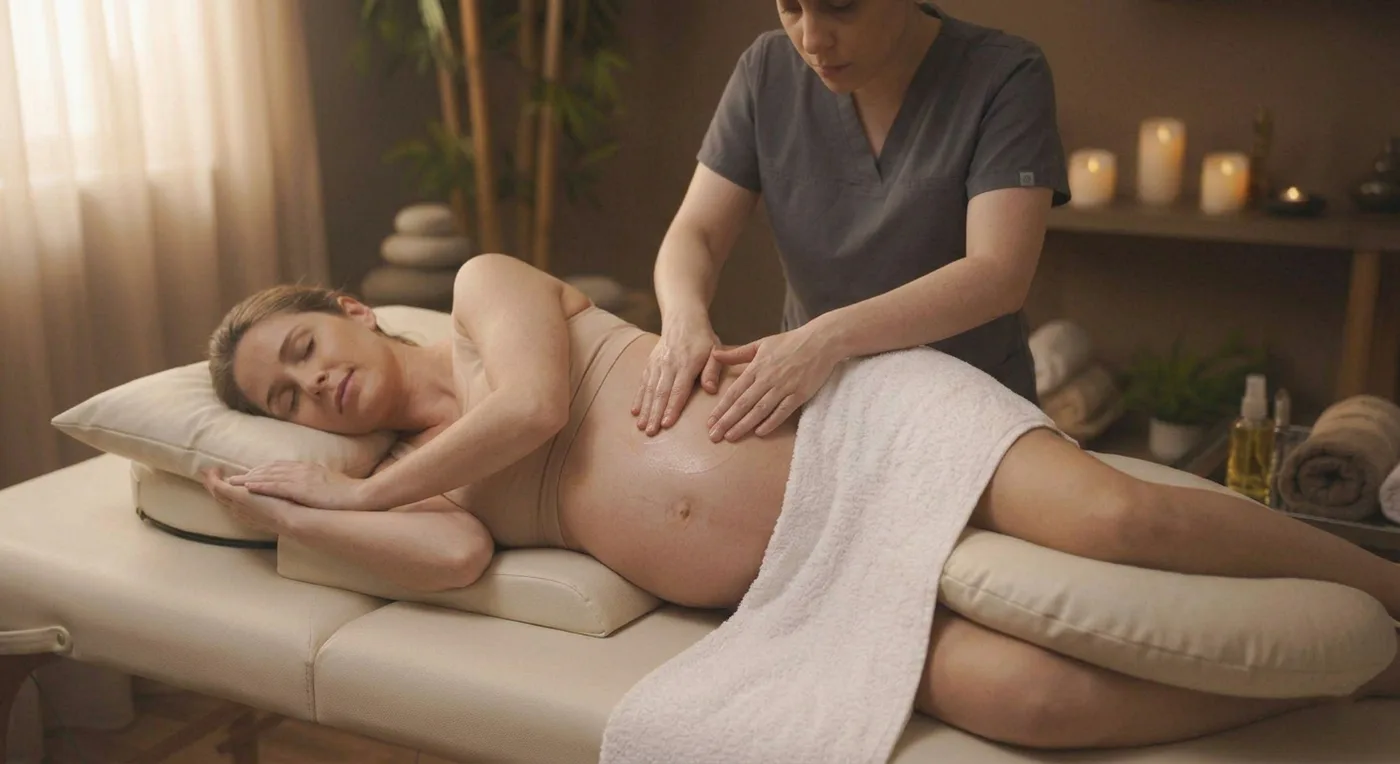 Massage pour femme enceinte, allongée sur le côté entre des coussins